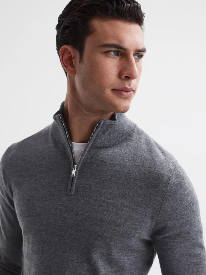 Reiss Knitwear Blackhall Merino Wool Zip Neck Jumper Mid Grey Melange 8211 Men