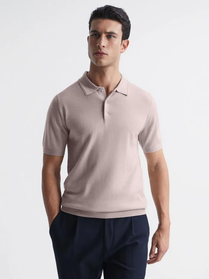 Reiss Knitwear Blair Merino Press Stud Polo TShirt Stone 8211 Men