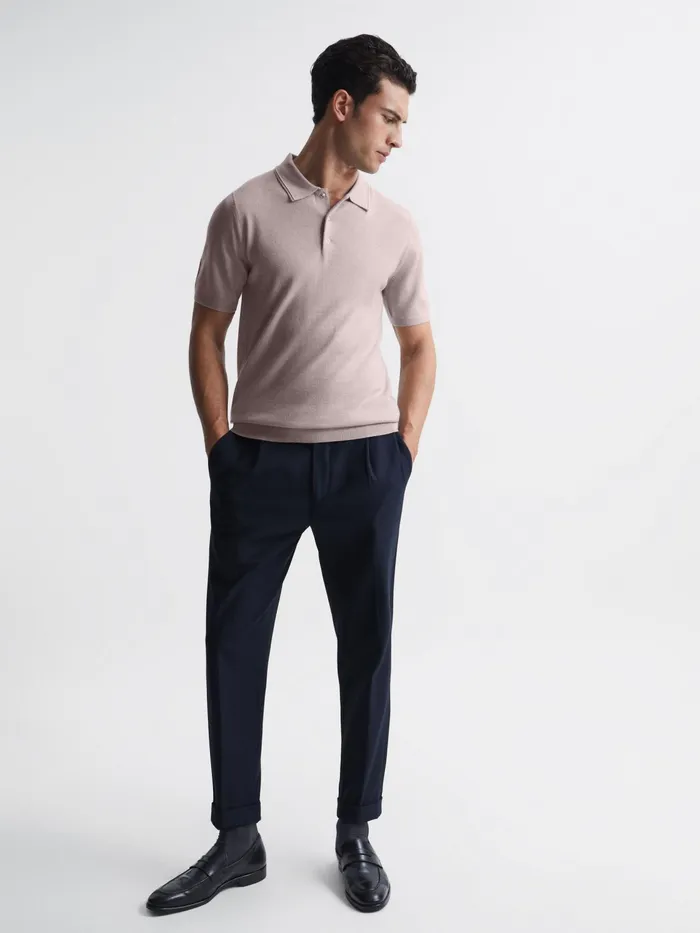 Reiss Knitwear Blair Merino Press Stud Polo TShirt Stone 8211 Men