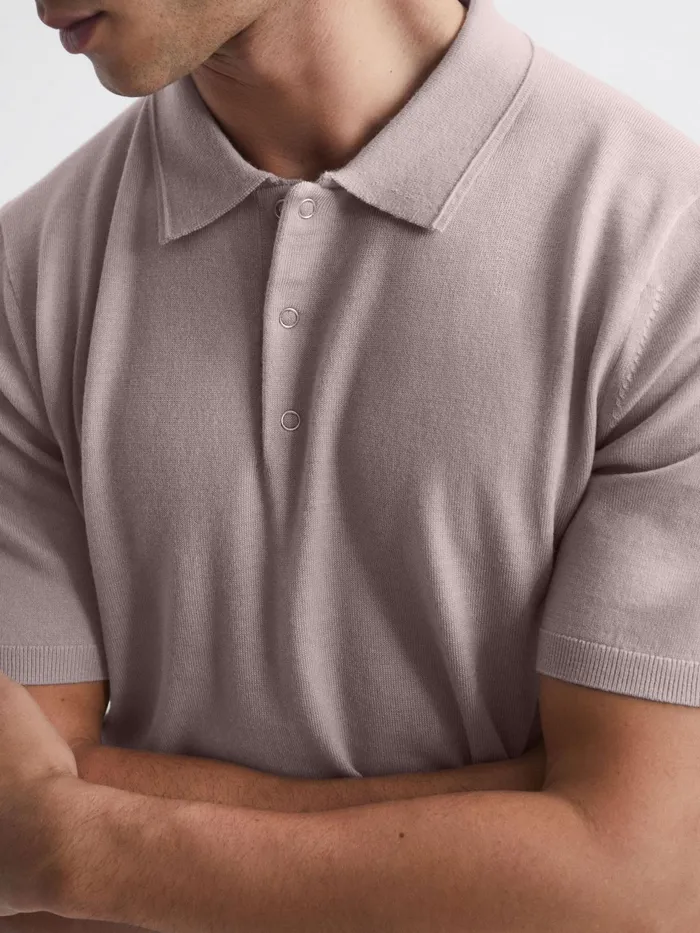 Reiss Knitwear Blair Merino Press Stud Polo TShirt Stone 8211 Men
