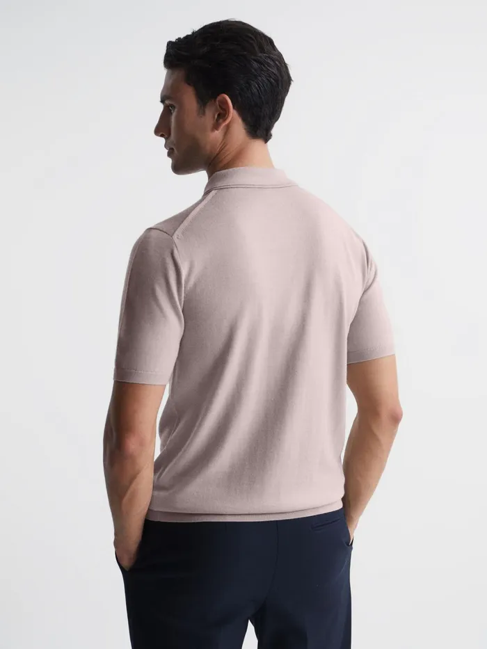Reiss Knitwear Blair Merino Press Stud Polo TShirt Stone 8211 Men
