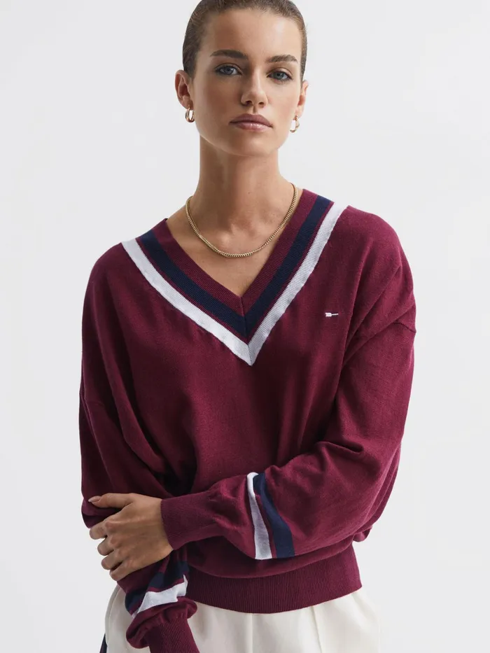 Reiss Knitwear Bonita The Upside VNeck Jumper Dark Red 8211 Women