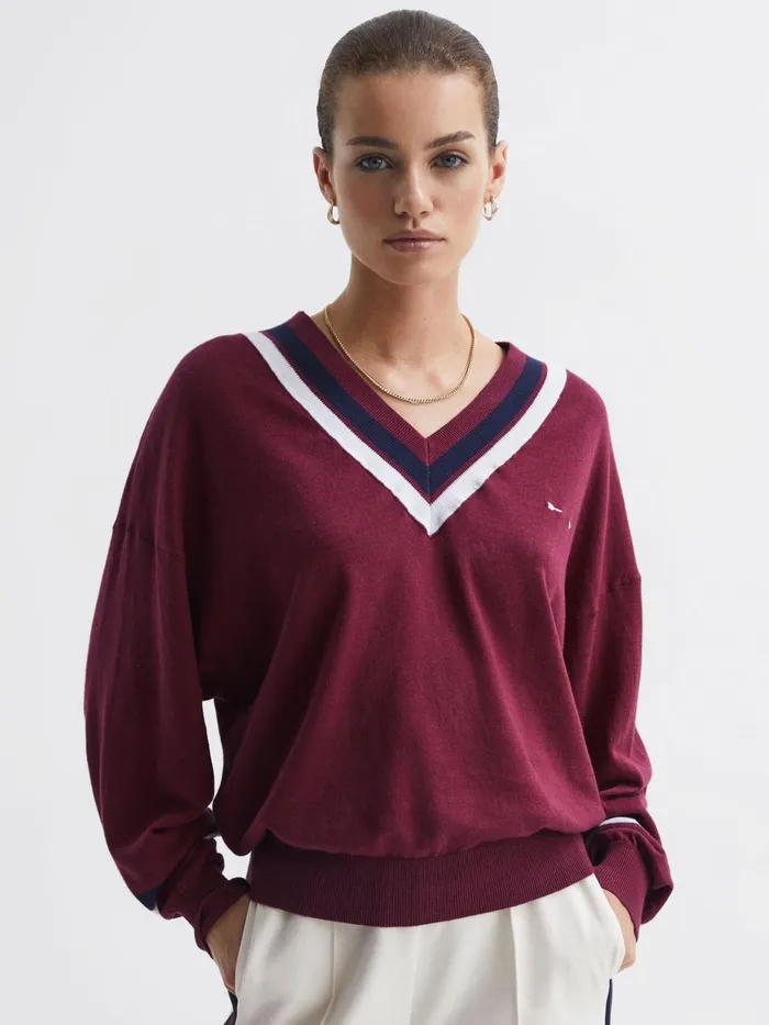 Reiss Knitwear Bonita The Upside VNeck Jumper Dark Red 8211 Women