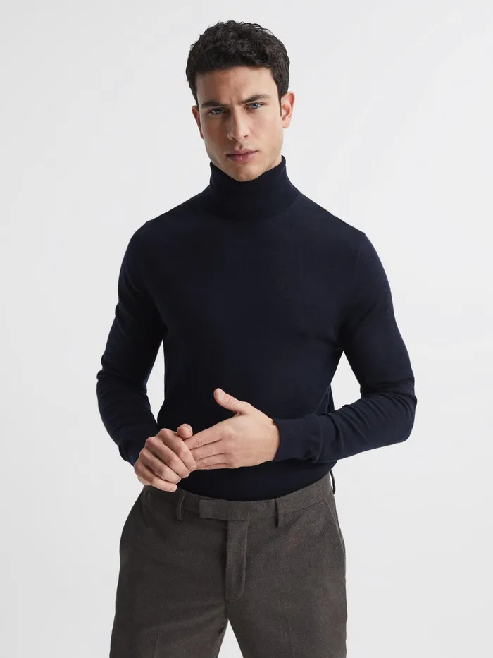 Reiss Knitwear Caine Merino Wool Roll Neck Jumper Navy 8211 Men