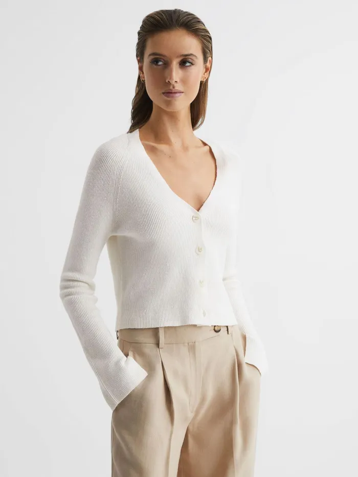 Reiss Knitwear Celia Linen Blend Ribbed Cardigan Ivory 8211 Women