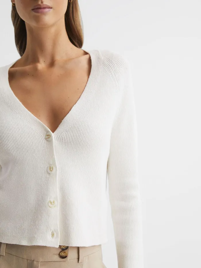 Reiss Knitwear Celia Linen Blend Ribbed Cardigan Ivory 8211 Women