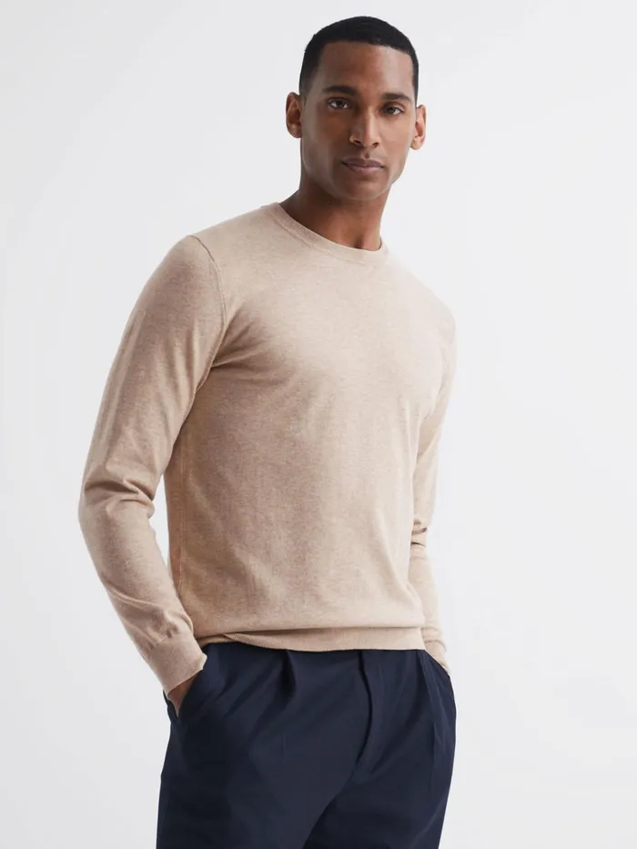 Reiss Knitwear Charles Slim Fit Cotton Crew Neck Jumper Oatmeal 8211 Men
