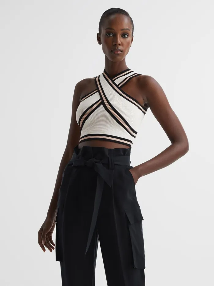 Reiss Knitwear Darla Knitted Halter Neck Colourblock Crop Top Ivory 8211 Women