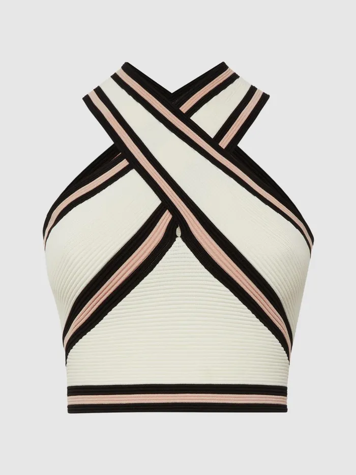 Reiss Knitwear Darla Knitted Halter Neck Colourblock Crop Top Ivory 8211 Women
