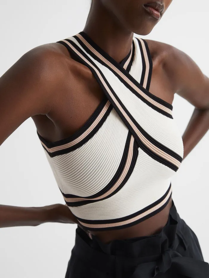 Reiss Knitwear Darla Knitted Halter Neck Colourblock Crop Top Ivory 8211 Women