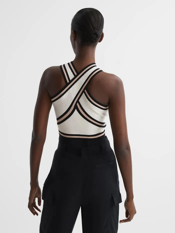 Reiss Knitwear Darla Knitted Halter Neck Colourblock Crop Top Ivory 8211 Women