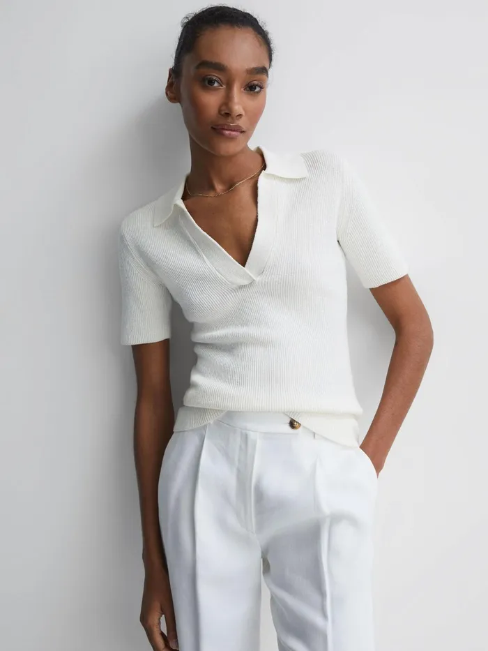 Reiss Knitwear Devin VNeck Collared Knit Top Ivory 8211 Women