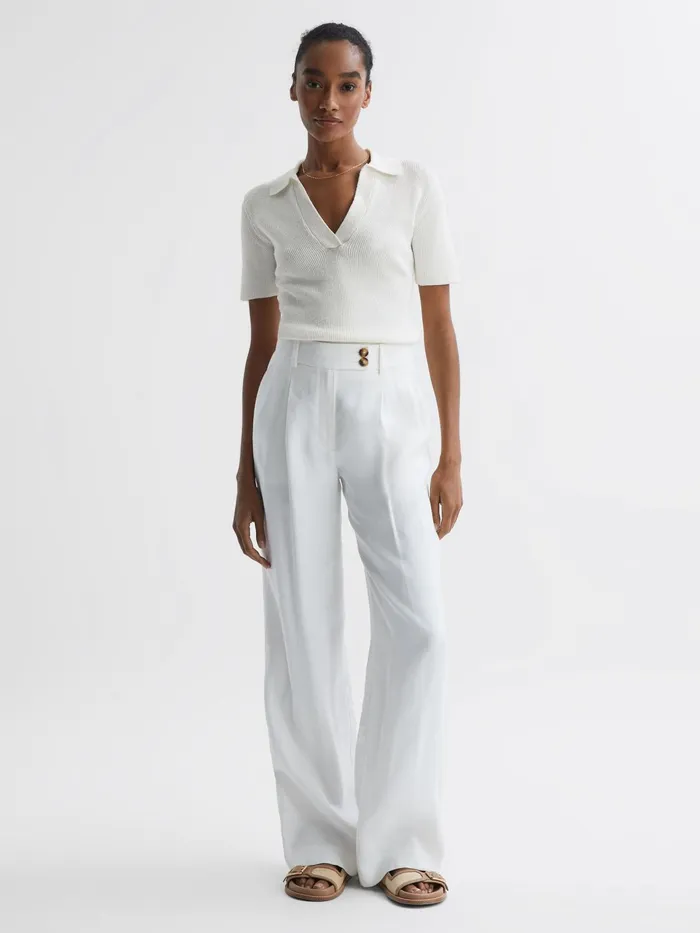 Reiss Knitwear Devin VNeck Collared Knit Top Ivory 8211 Women