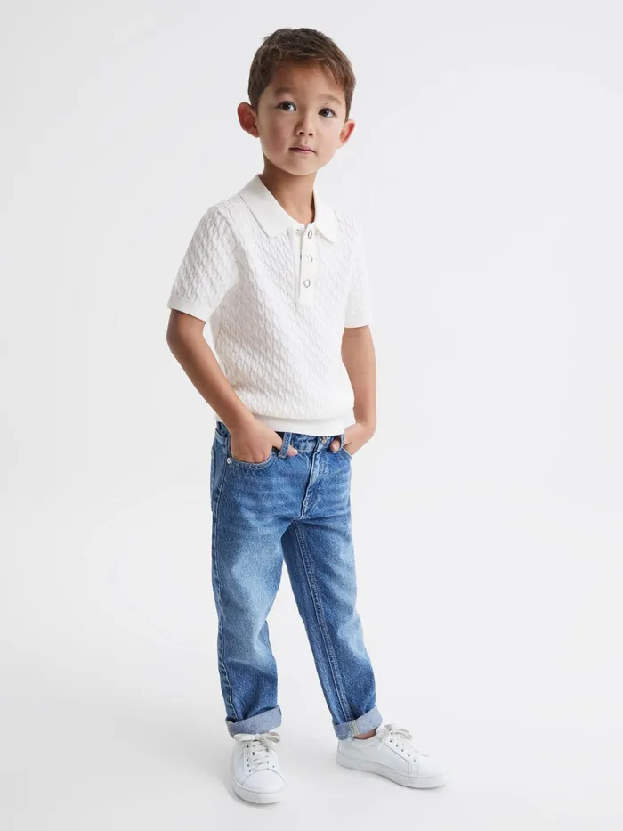 Reiss Knitwear Eli Press Stud Cable Knit Polo Shirt Dark Sage 8211 Children
