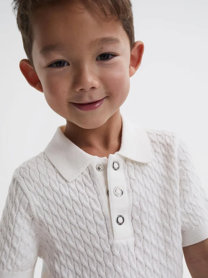 Reiss Knitwear Eli Press Stud Cable Knit Polo Shirt Dark Sage 8211 Children