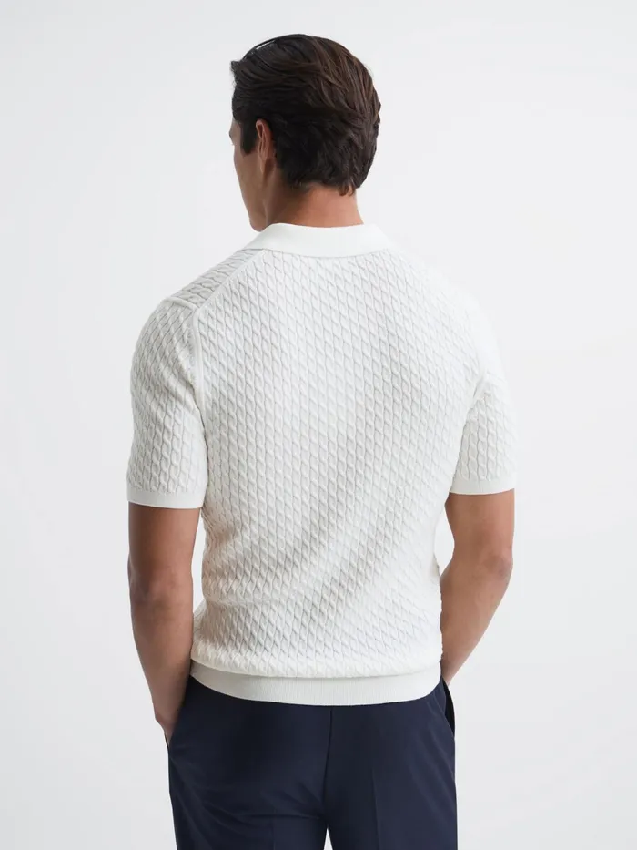 Reiss Knitwear Federico Slim Fit Cable Knit Open Collar Polo Shirt Ecru 8211 Men