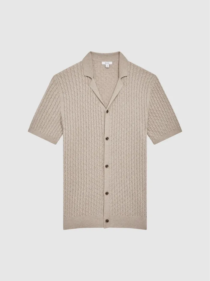 Reiss Knitwear Grande Cable Knit Cuban Collar Button Through Shirt Emerald 8211 Men