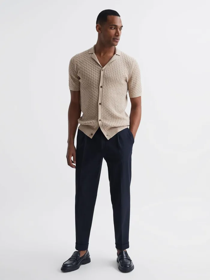 Reiss Knitwear Grande Cable Knit Cuban Collar Button Through Shirt Emerald 8211 Men
