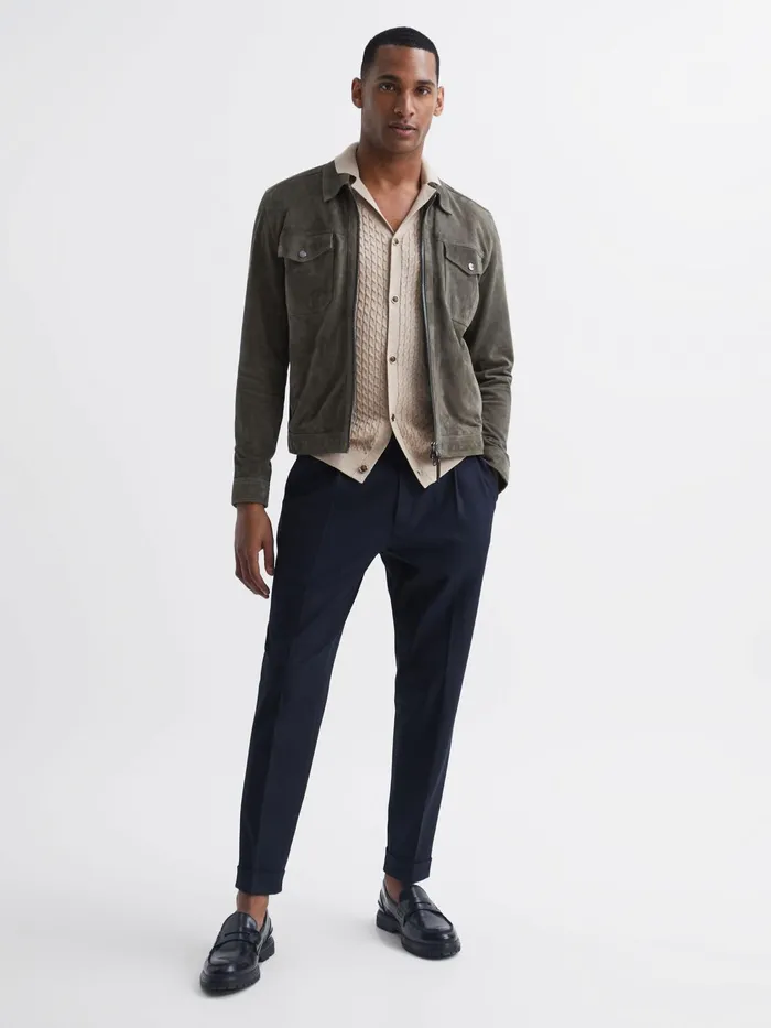 Reiss Knitwear Grande Cable Knit Cuban Collar Button Through Shirt Emerald 8211 Men