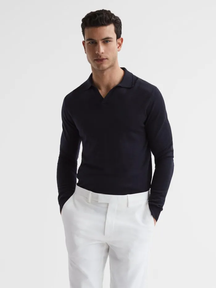 Reiss Knitwear Milburn Merino Wool Open Collar Polo Shirt Navy 8211 Men