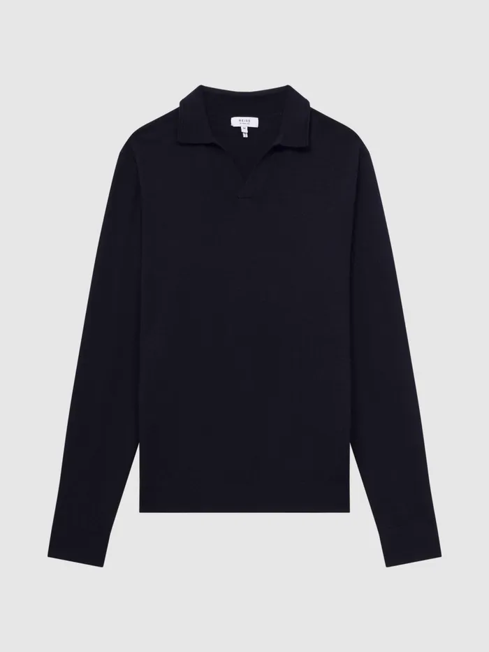 Reiss Knitwear Milburn Merino Wool Open Collar Polo Shirt Navy 8211 Men