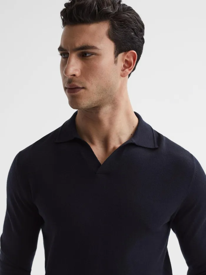 Reiss Knitwear Milburn Merino Wool Open Collar Polo Shirt Navy 8211 Men