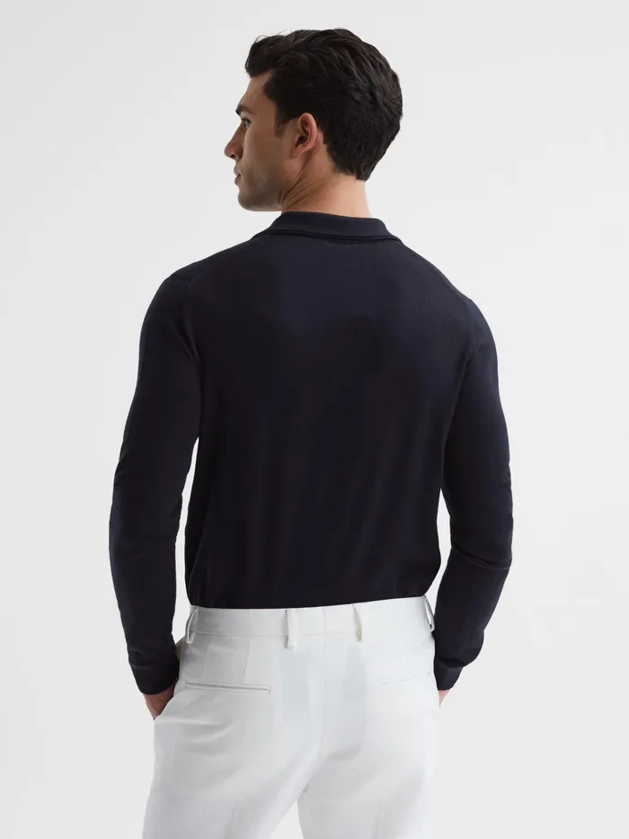 Reiss Knitwear Milburn Merino Wool Open Collar Polo Shirt Navy 8211 Men