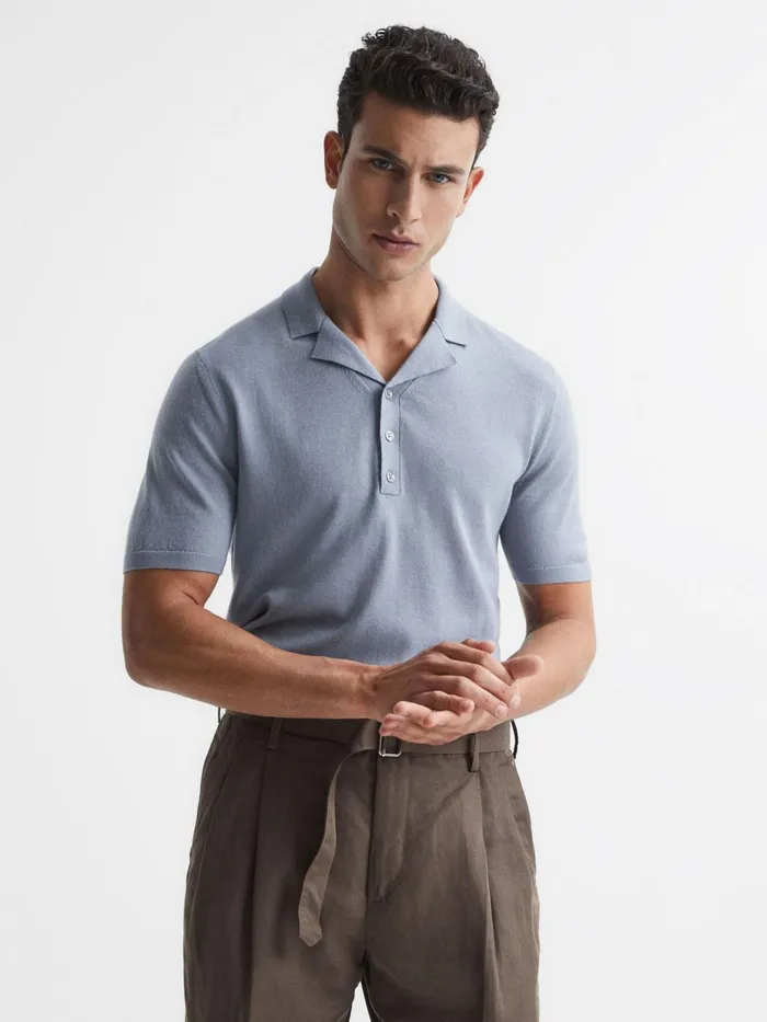 Reiss Knitwear Moore Merino Wool Cuban Collar Polo TShirt Dove Blue 8211 Men