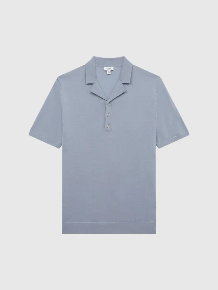 Reiss Knitwear Moore Merino Wool Cuban Collar Polo TShirt Dove Blue 8211 Men
