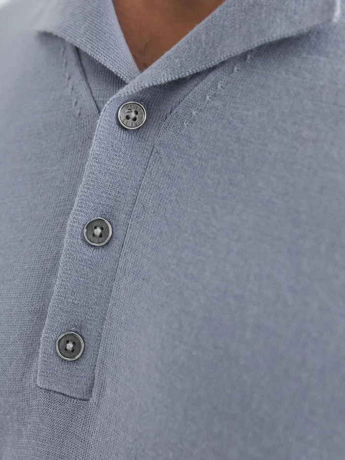 Reiss Knitwear Moore Merino Wool Cuban Collar Polo TShirt Dove Blue 8211 Men