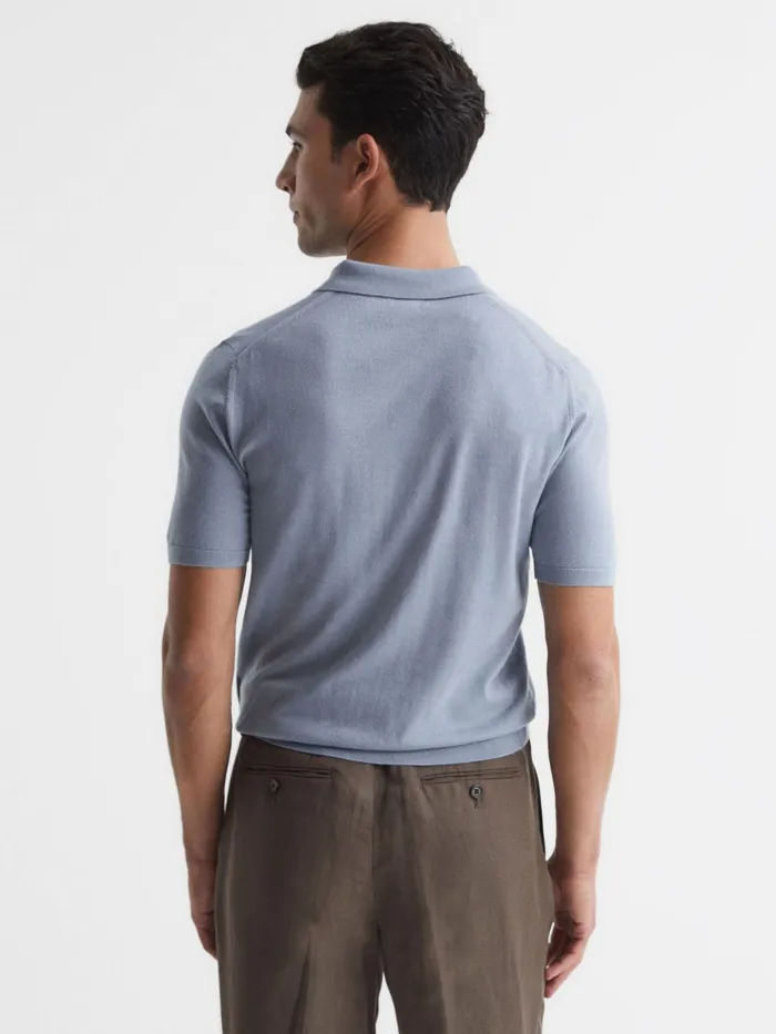 Reiss Knitwear Moore Merino Wool Cuban Collar Polo TShirt Dove Blue 8211 Men