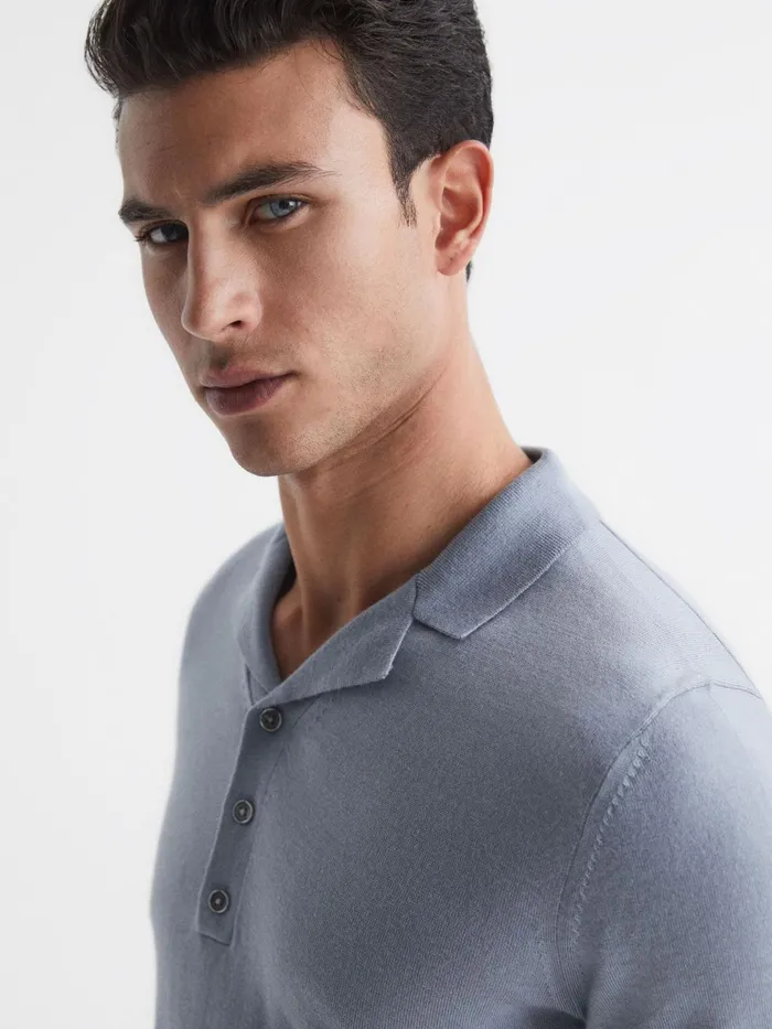 Reiss Knitwear Moore Merino Wool Cuban Collar Polo TShirt Dove Blue 8211 Men