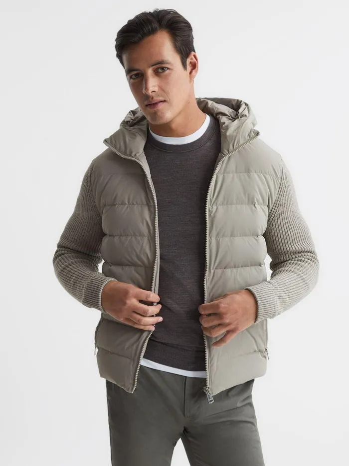 Reiss Knitwear Murphy Zip Close Hybrid Knitted Hoodie Soft Grey 8211 Men