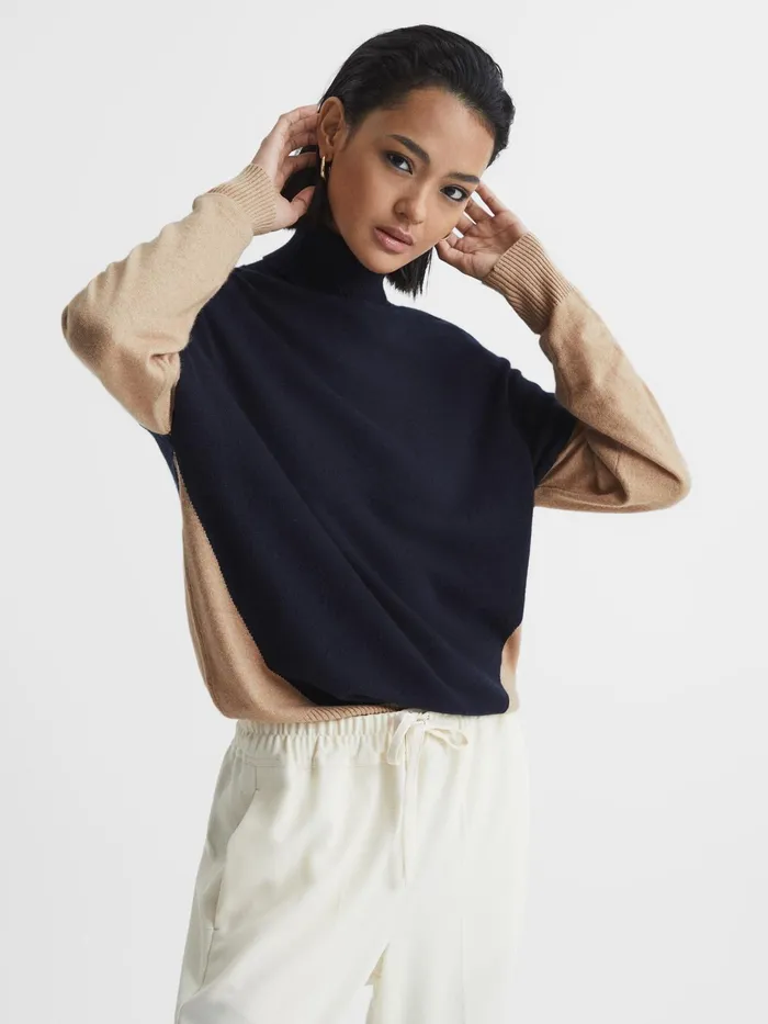 Reiss Knitwear Nova Colourblock RollNeck Sweater Navycamel 8211 Women