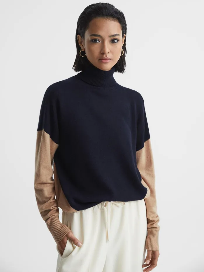 Reiss Knitwear Nova Colourblock RollNeck Sweater Navycamel 8211 Women