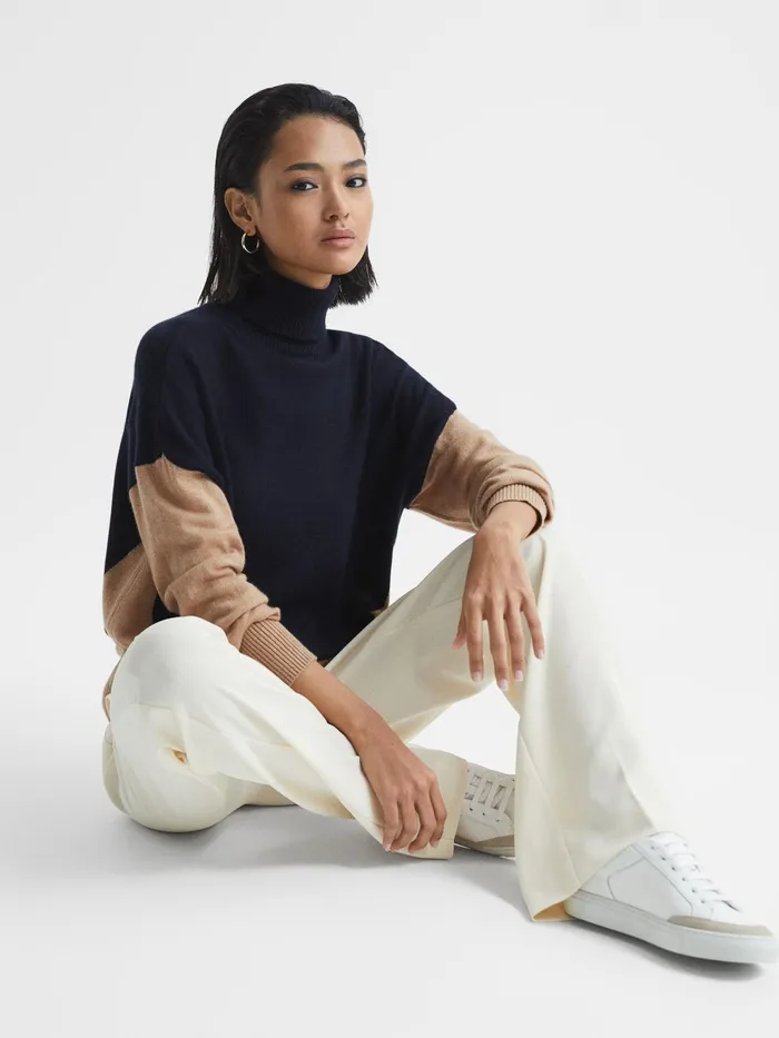 Reiss Knitwear Nova Colourblock RollNeck Sweater Navycamel 8211 Women