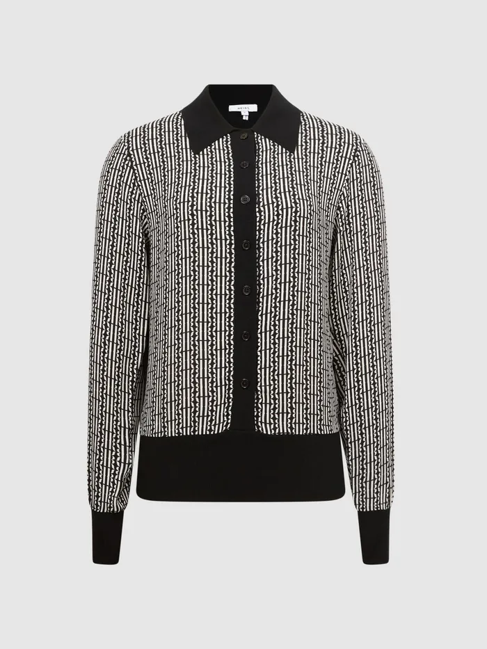 Reiss Knitwear Olivia Printed MixKnitted Shirt Black 8211 Women