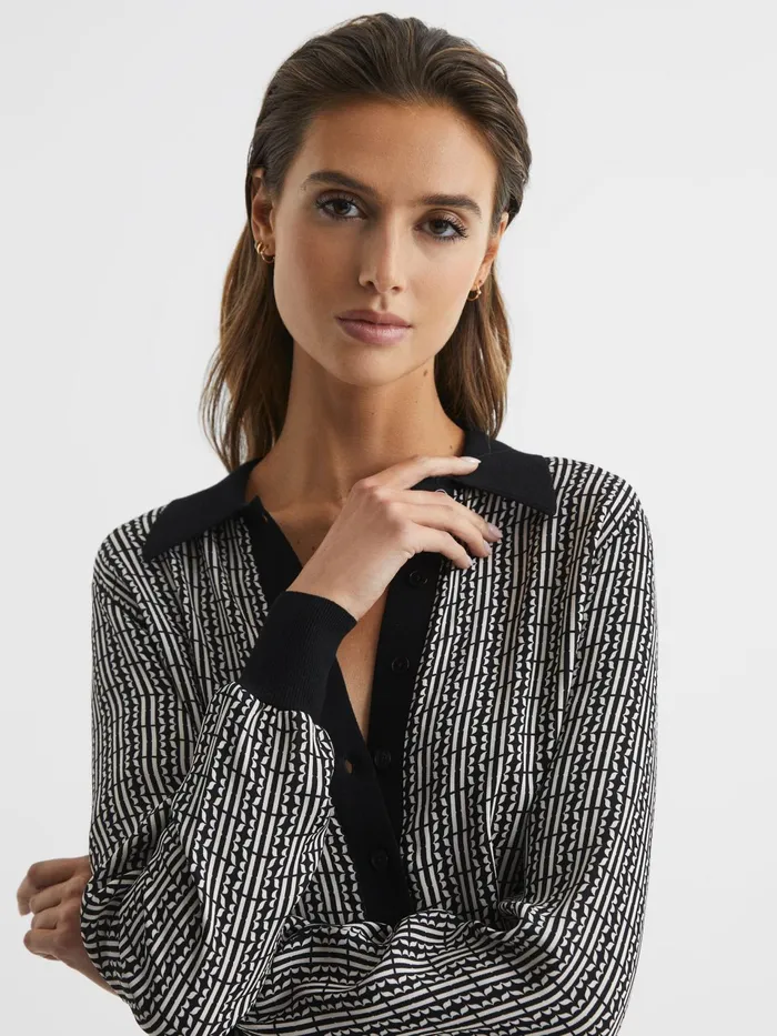 Reiss Knitwear Olivia Printed MixKnitted Shirt Black 8211 Women
