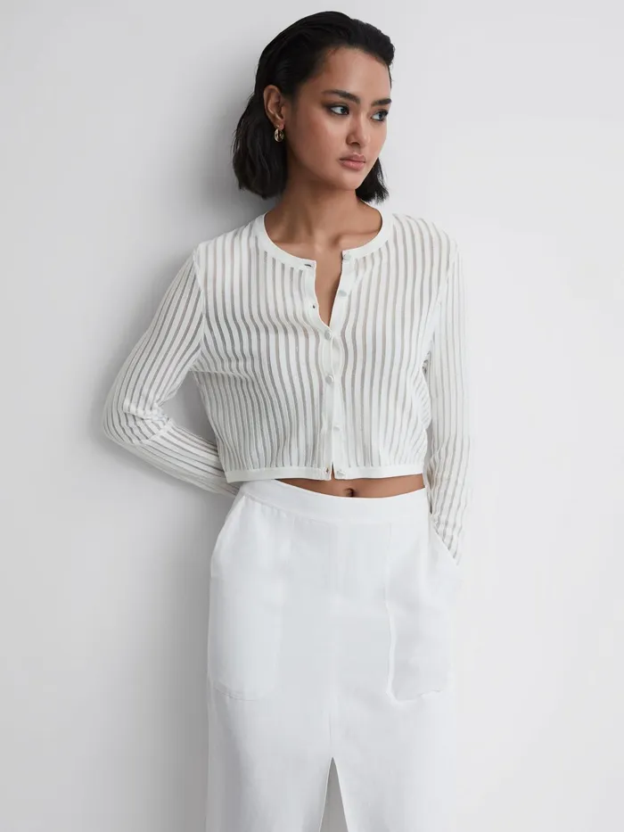 Reiss Knitwear Pip Striped Long Sleeve Cropped Top Ivory 8211 Women