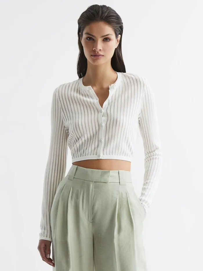 Reiss Knitwear Pip Striped Long Sleeve Cropped Top Ivory 8211 Women
