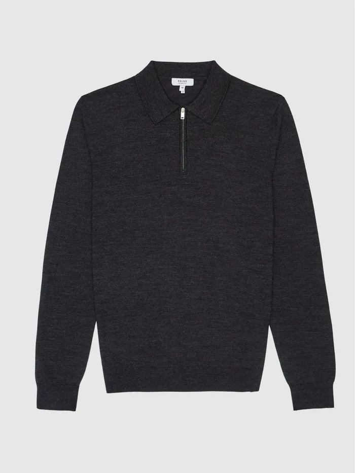 Reiss Knitwear Robertson Merino Wool Zip Neck Polo Shirt Charcoal Melange 8211 Men