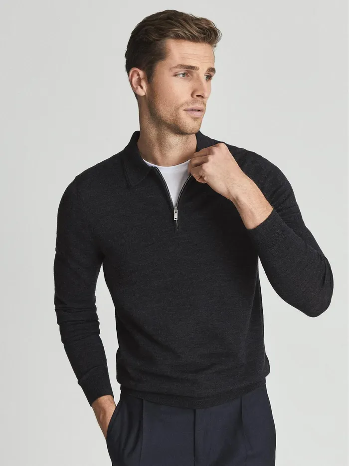Reiss Knitwear Robertson Merino Wool Zip Neck Polo Shirt Charcoal Melange 8211 Men