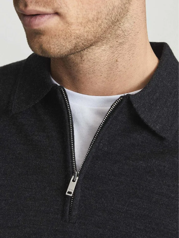 Reiss Knitwear Robertson Merino Wool Zip Neck Polo Shirt Charcoal Melange 8211 Men