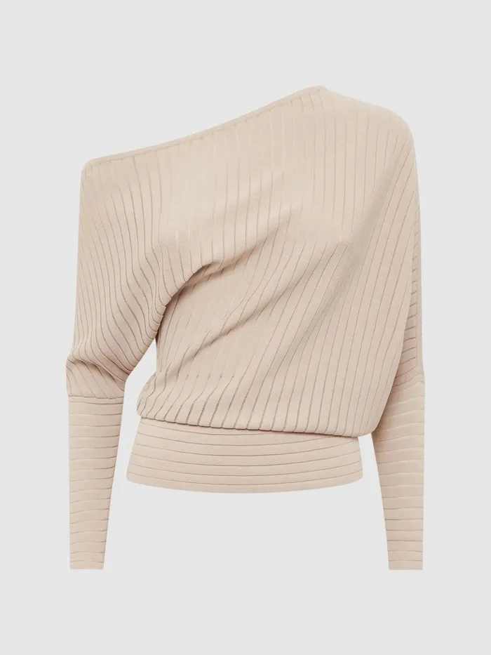 Reiss Knitwear Sage OffTheShoulder Sheer Detail Jumper Neutral 8211 Women