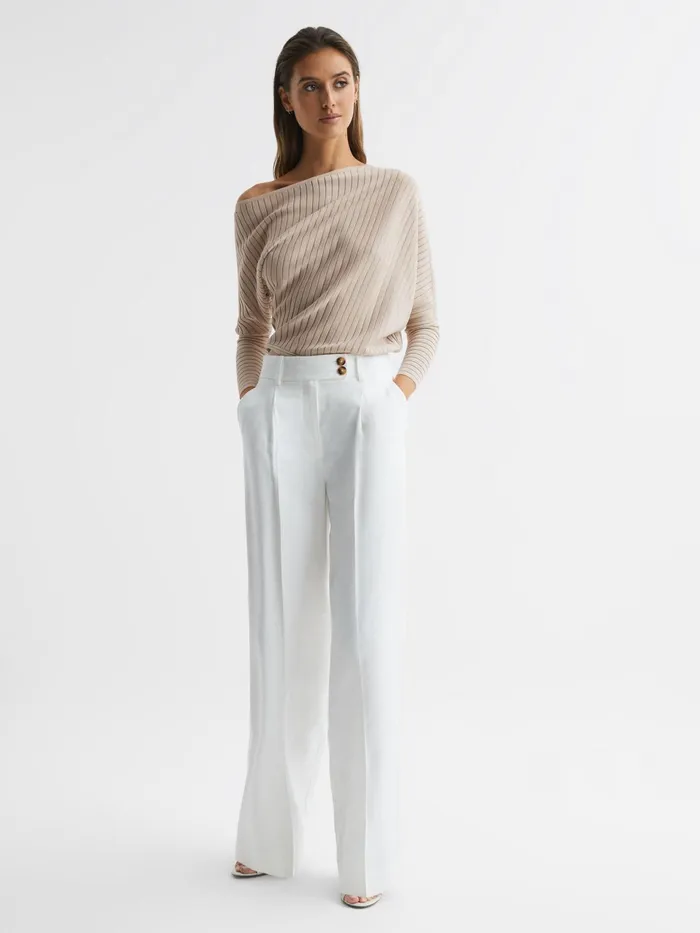 Reiss Knitwear Sage OffTheShoulder Sheer Detail Jumper Neutral 8211 Women