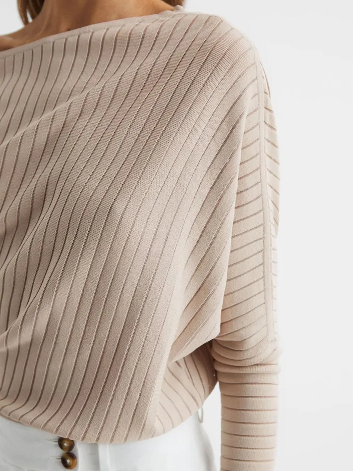 Reiss Knitwear Sage OffTheShoulder Sheer Detail Jumper Neutral 8211 Women