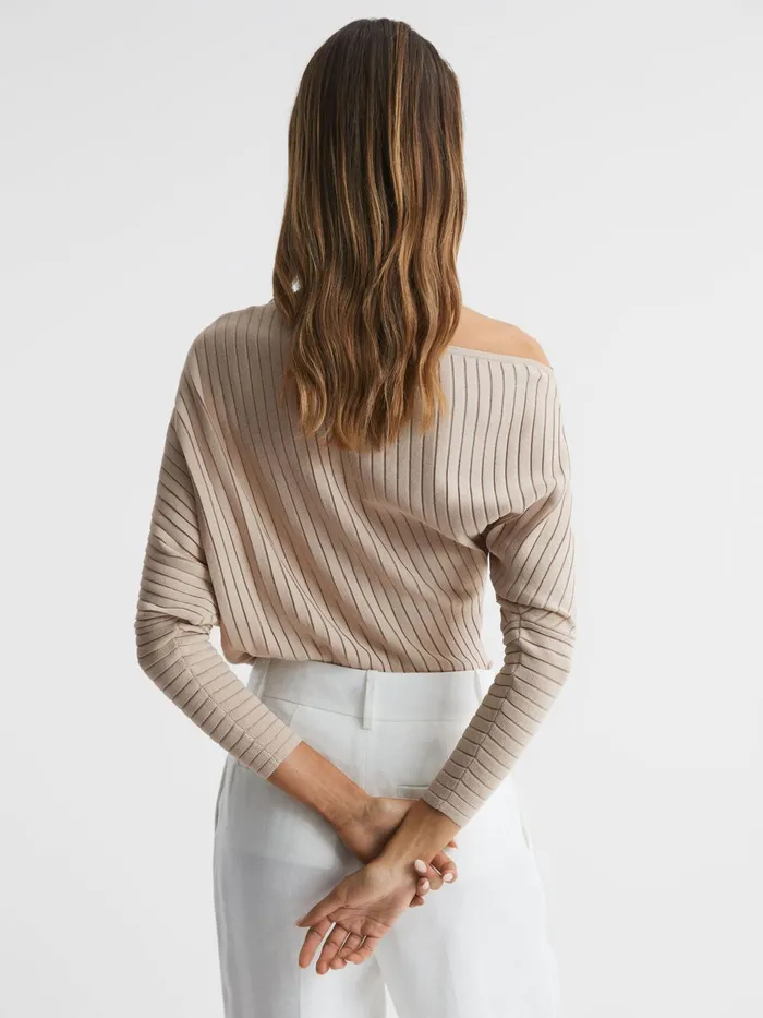 Reiss Knitwear Sage OffTheShoulder Sheer Detail Jumper Neutral 8211 Women