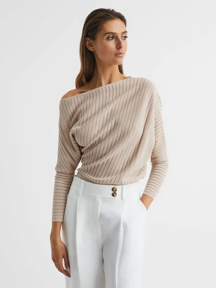 Reiss Knitwear Sage OffTheShoulder Sheer Detail Jumper Neutral 8211 Women
