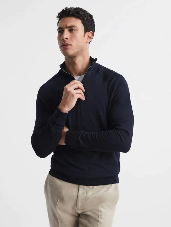 Reiss Knitwear Sierra Merino Silk Slim Fit Zip Neck Jumper Airforce Blue 8211 Men