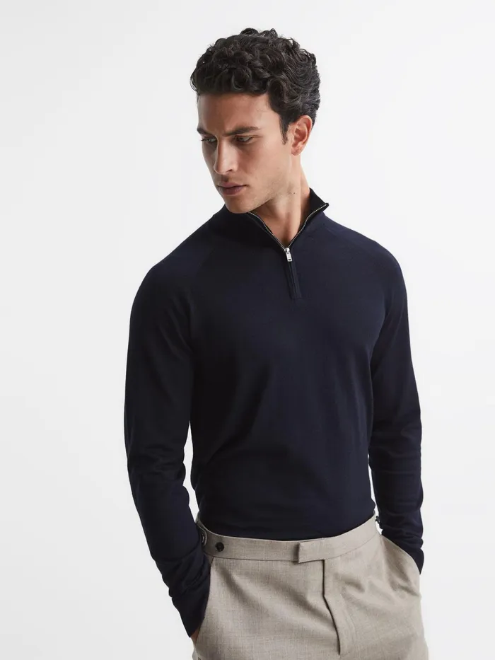 Reiss Knitwear Sierra Merino Silk Slim Fit Zip Neck Jumper Airforce Blue 8211 Men